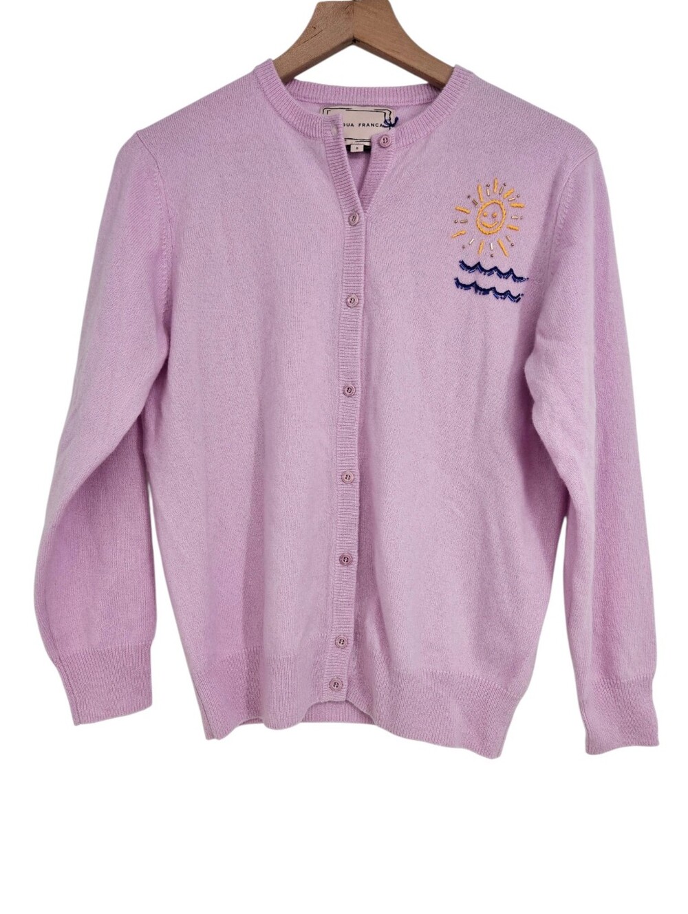Lingua Franca Lavender Sun Wave Embroidery Beaded Button Front Cashmere Cardigan